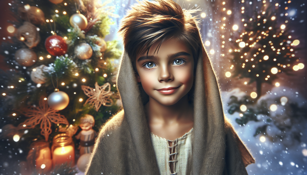 alt_text: Yesus kecil dengan senyum nakal dihiasi kilauan Natal yang ceria dan penuh keajaiban.