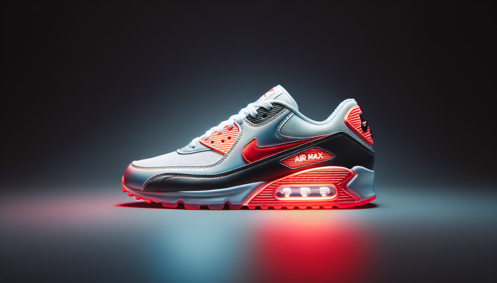 alt_text: Nike Air Max 90 Infrared reflektif, desain ikonik dan modern dengan aksen merah terang.