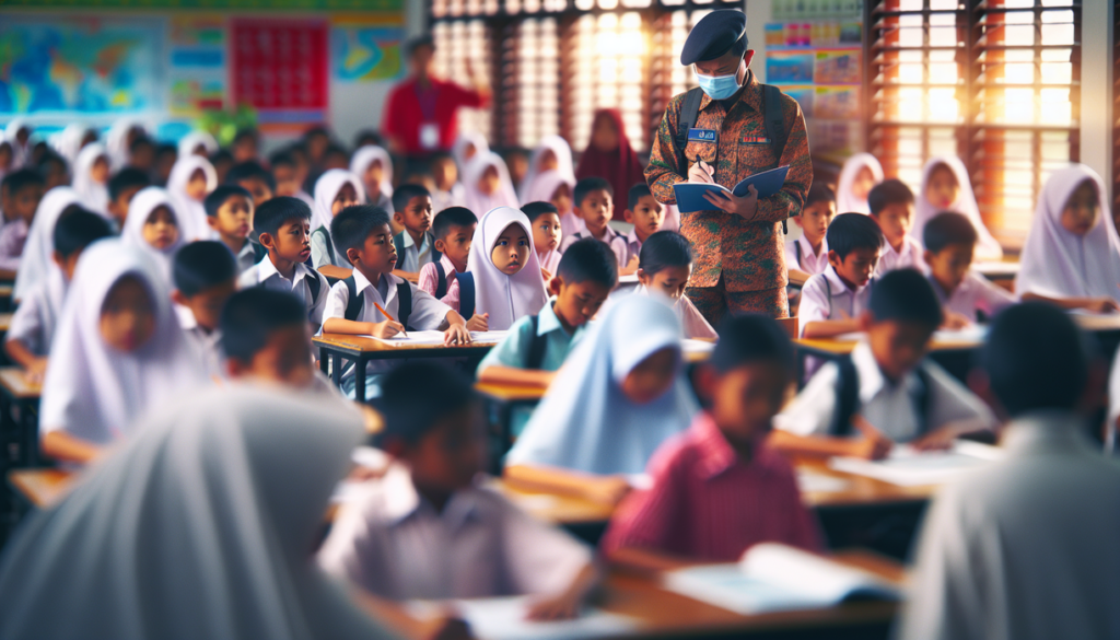 "alt_text": "Anak-anak belajar mitigasi bencana di sekolah, menjaga keamanan saat darurat."