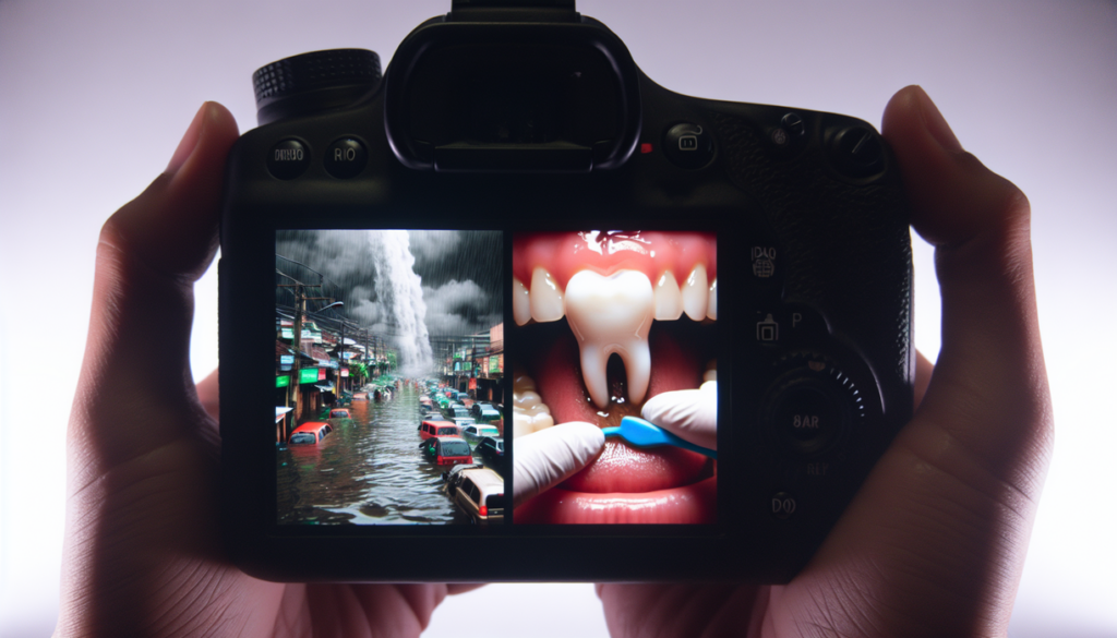 alt_text: Banjir di Jakarta, pembersihan gigi, dan krisis kebiasaan digambarkan secara simbolis.