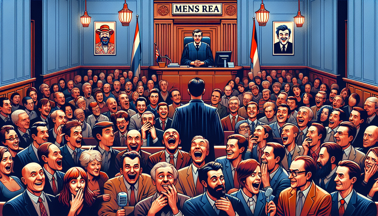 alt_text: Ilustrasi wajah tersenyum samar dengan topi hakim, menggambarkan niat tersembunyi dan humor hukum.