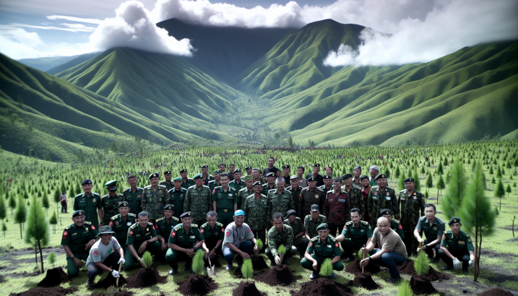 alt_text: Penanaman kembali di lereng Gunung Slamet untuk pemulihan ekosistem hijau.