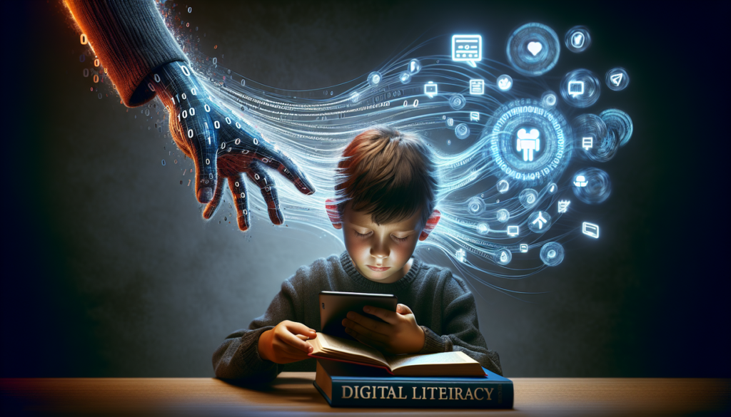 alt_text: Gambar menggambarkan hubungan antara anak-anak, algoritma media sosial, dan pentingnya literasi digital.