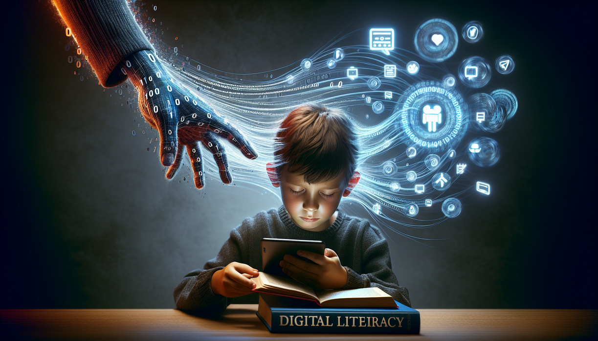 alt_text: Gambar menggambarkan hubungan antara anak-anak, algoritma media sosial, dan pentingnya literasi digital.