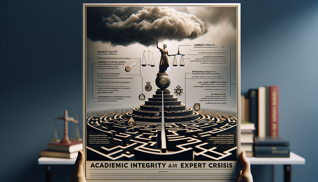 "alt_text": "Poster membahas integritas akademis saat krisis ahli, menyoroti tantangan dan solusi."