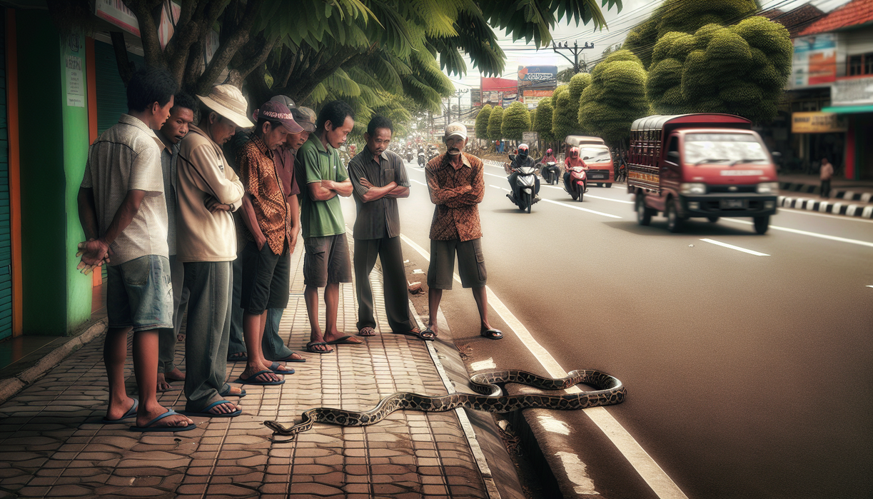alt_text: Ular Sanca besar melintas di Jalan Sudirman, Sukabumi, memicu kepanikan warga sekitar.