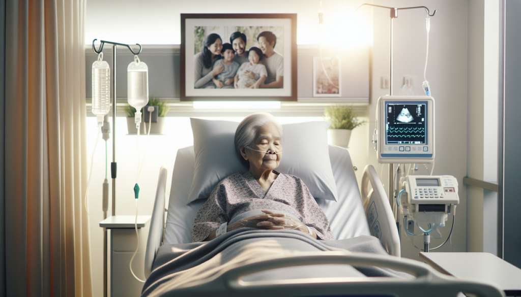 alt_text: "Seorang nenek tersenyum dikelilingi keluarga sambil memegang tangan cucunya di rumah sakit."