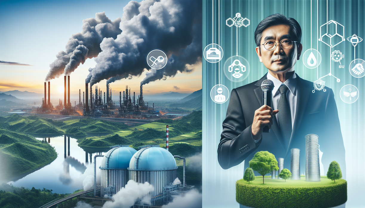 ```alt_text Jalan berbelok dengan pabrik di satu sisi dan hutan di sisi lain melambangkan dilema Jateng. ```