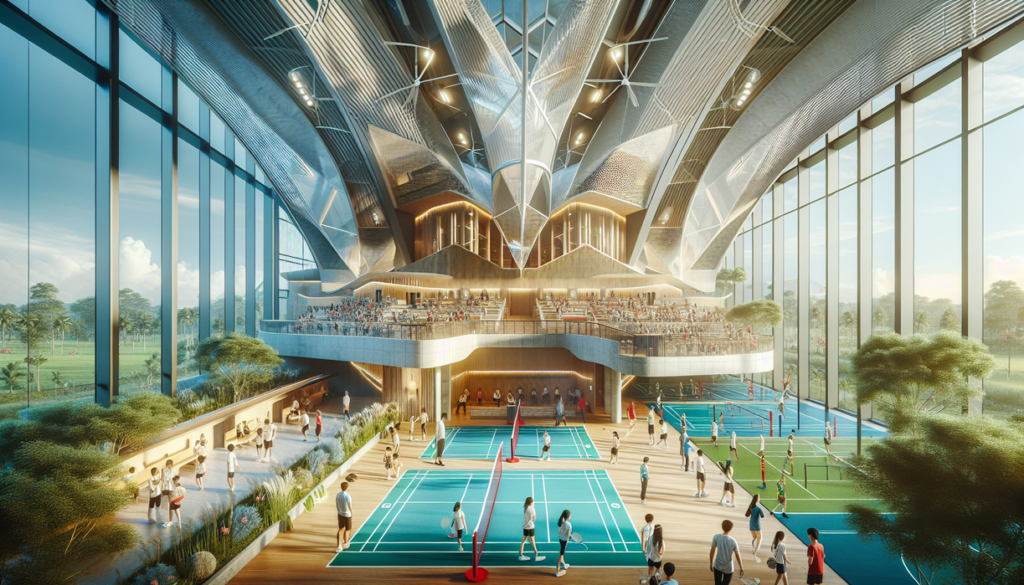 alt_text: Lapangan bulu tangkis Universitas Mercu Buana digunakan untuk acara Revolusi Sehat.