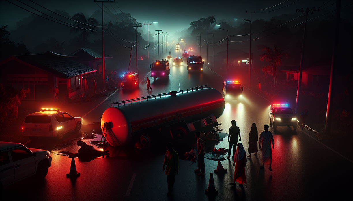 alt_text: Suasana kecelakaan lalu lintas di Samarinda, orang-orang berkumpul dengan latar hutan dan tatap tapak.