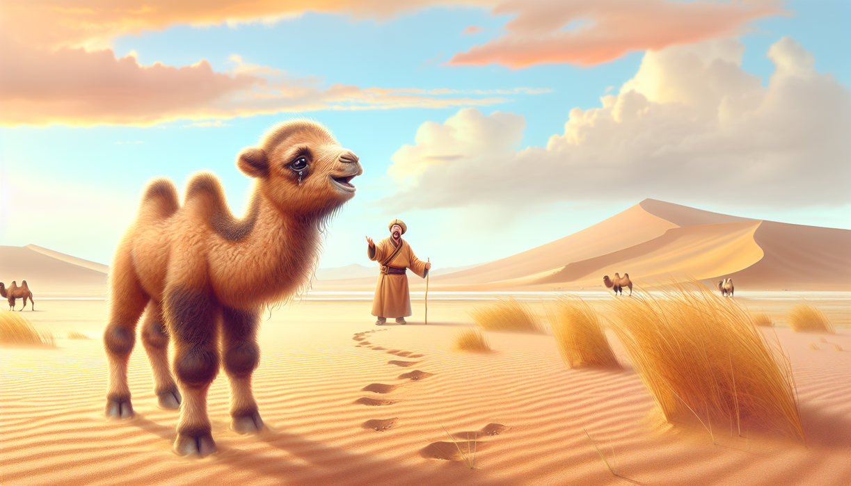 alt_text: Anak unta menangis setelah dimarahi karena kabur, menggambarkan pelajaran dan emosi.