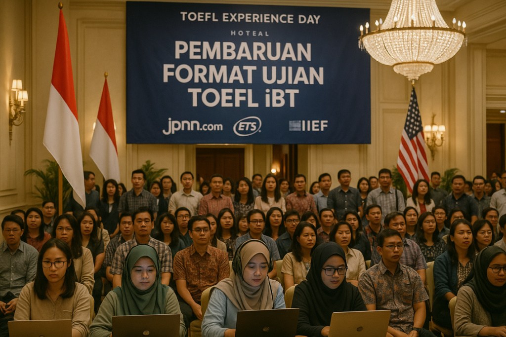 alt_text: Logo TOEFL iBT 2026 dengan desain futuristik menyambut perubahan baru dalam ujian bahasa Inggris.