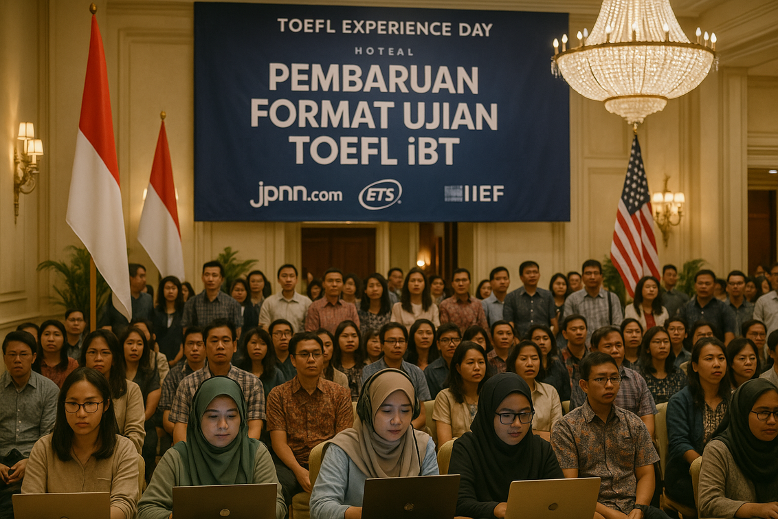 alt_text: Logo TOEFL iBT 2026 dengan desain futuristik menyambut perubahan baru dalam ujian bahasa Inggris.
