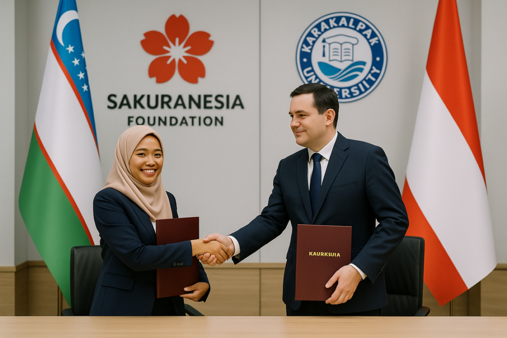 alt_text: Peta dengan tema edukasi tiga negara: Indonesia, Uzbekistan, dan inovasi belajar.