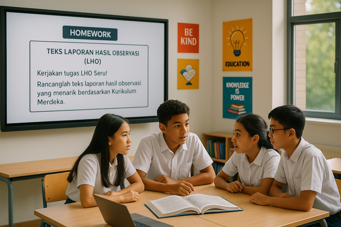 alt_text: Laporan observasi SMP tentang hutan sekolah dengan gambar pohon dan siswa mencatat.