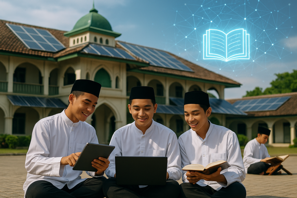 alt_text: Pesantren modern dengan siswa belajar, menuju peluang beasiswa dan pendidikan berkualitas.