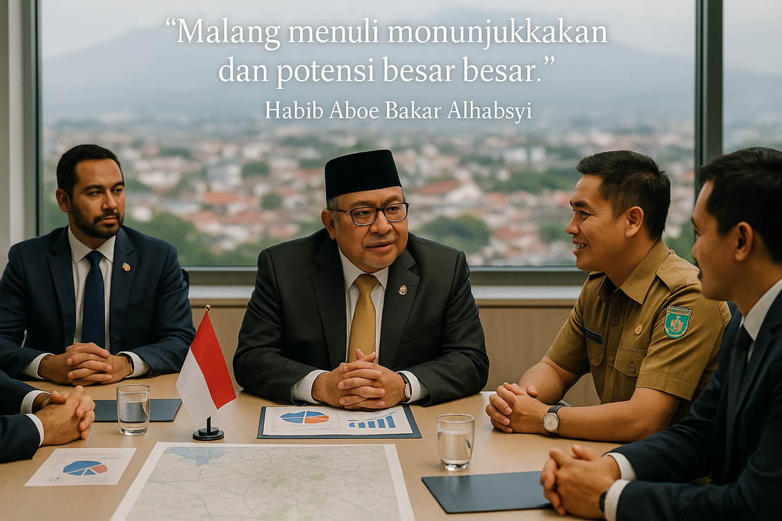 alt_text: Aboe Bakar Alhabsyi berbicara tentang diplomasi kampus dan kreativitas di Malang.